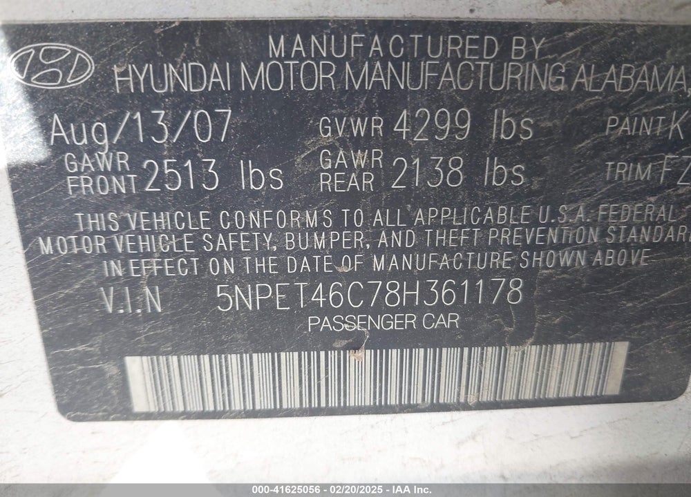 2008 HYUNDAI SONATA VIN: 5NPET46C78H361178