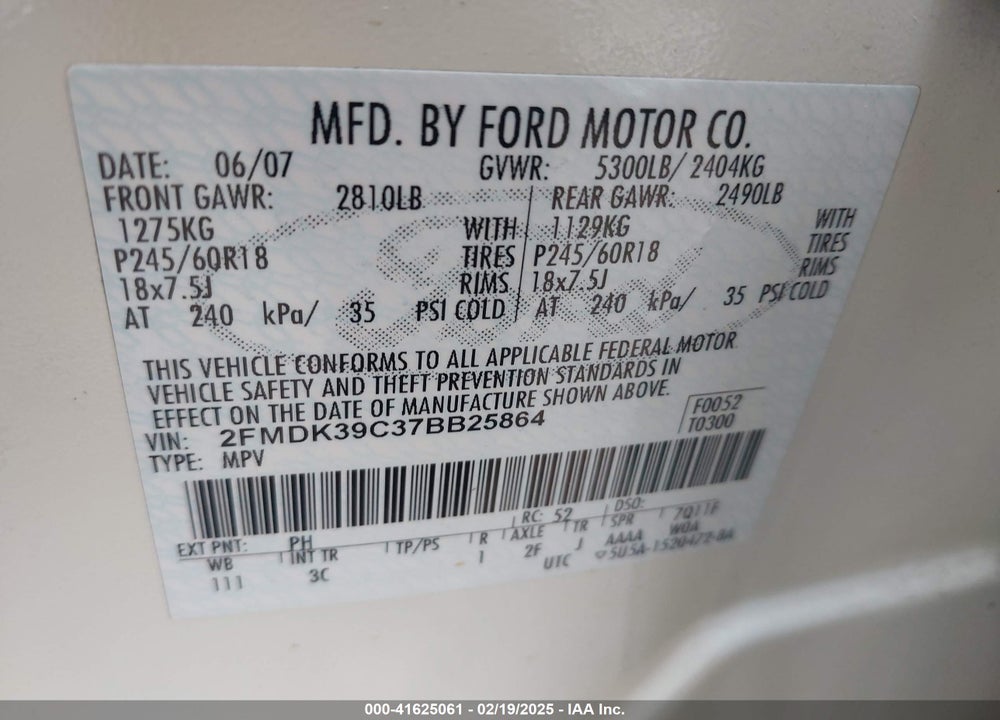 2007 FORD EDGE SEL PLUS VIN: 2FMDK39C37BB25864