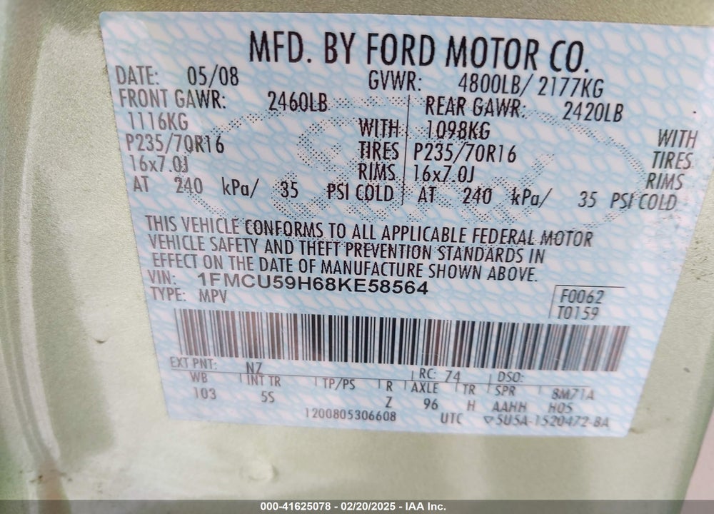 2008 FORD ESCAPE HYBRID VIN: 1FMCU59H68KE58564