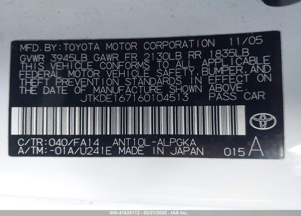 2006 SCION TC VIN: JTKDE167160104513