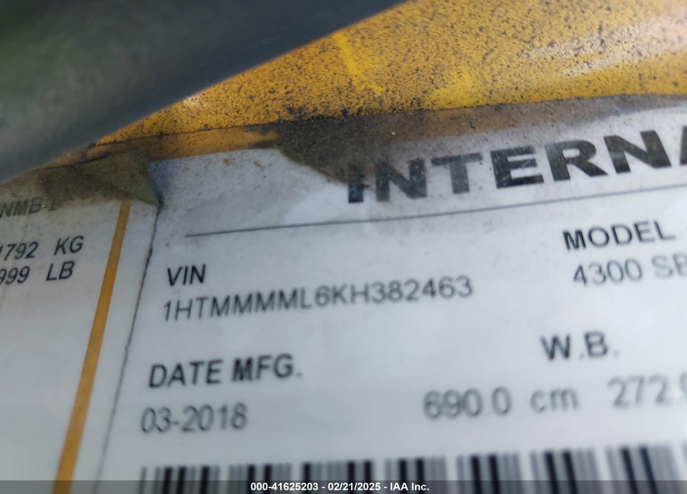 2019 INTERNATIONAL DURASTAR 4300 VIN: 1HTMMMML6KH382463