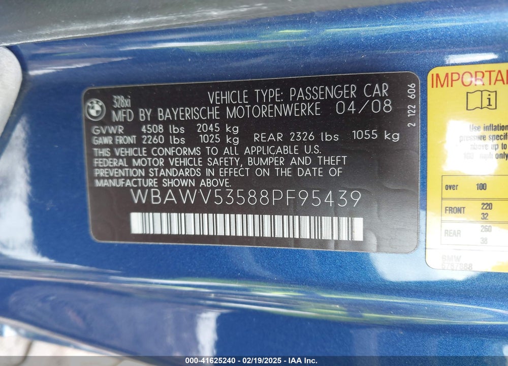 2008 BMW 328XI VIN: WBAWV53588PF95439