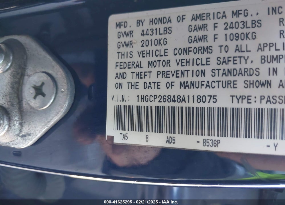 2008 HONDA ACCORD 2.4 EX-L VIN: 1HGCP26848A118075