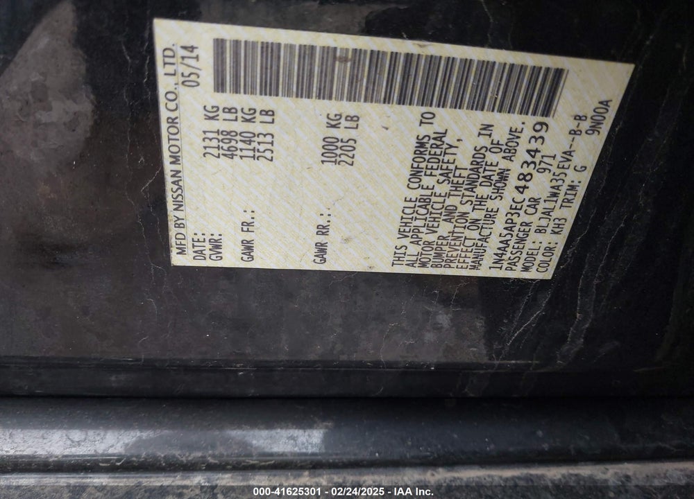 2014 NISSAN MAXIMA VIN: 1N4AA5AP3EC483439