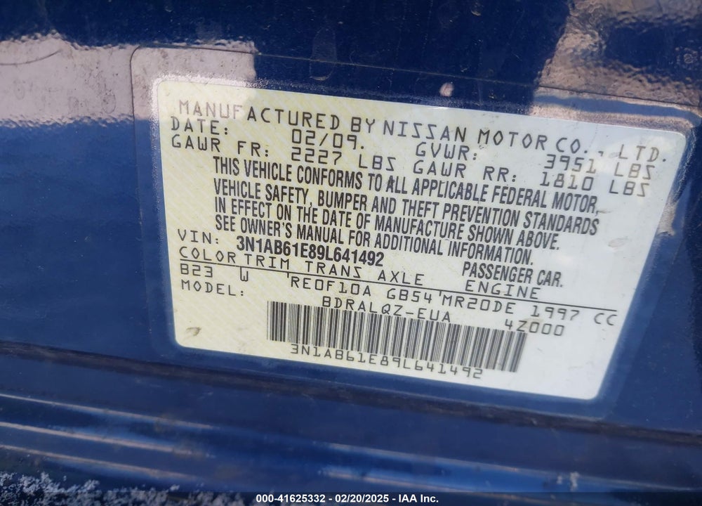 2009 NISSAN SENTRA VIN: 3N1AB61E89L641492