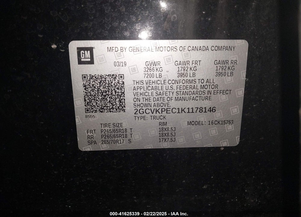 2019 CHEVROLET SILVERADO 1500 LD VIN: 2GCVKPEC1K1178146