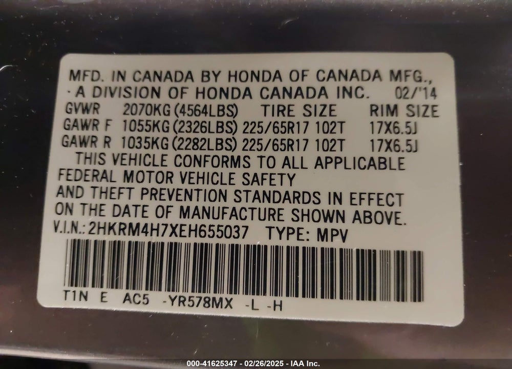 2014 HONDA CR-V EX-L VIN: 2HKRM4H7XEH655037