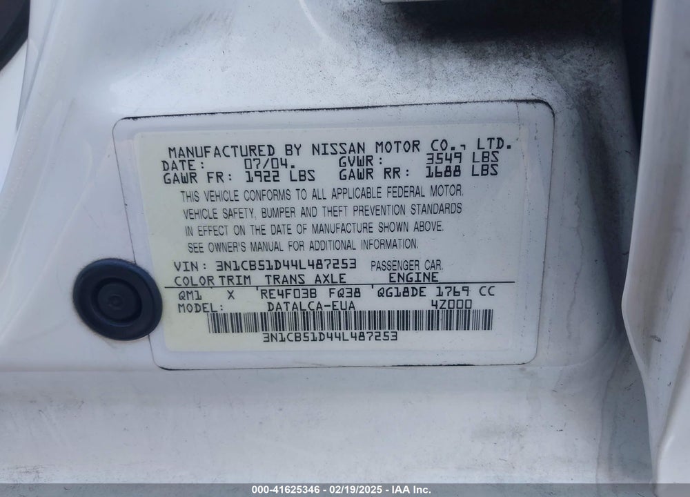 2004 NISSAN SENTRA 1.8 VIN: 3N1CB51D44L487253