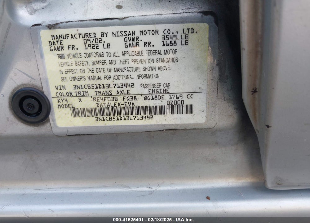 2003 NISSAN SENTRA GXE/XE VIN: 3N1CB51D13L713442