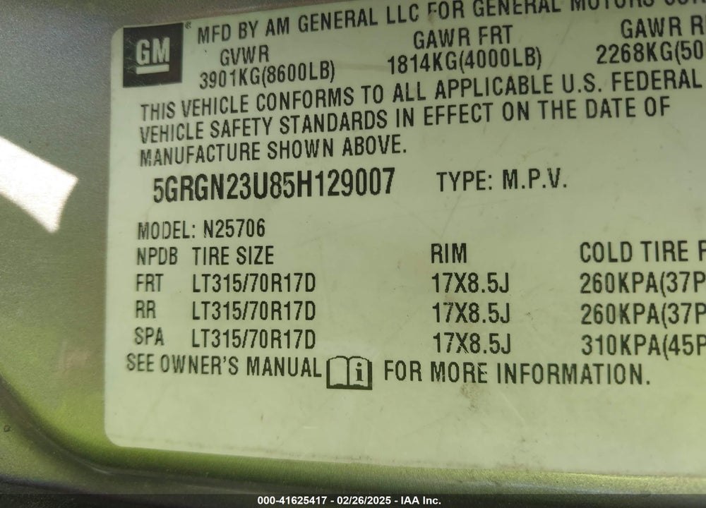 2005 HUMMER H2 SUV VIN: 5GRGN23U85H129007