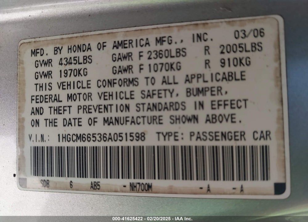 2006 HONDA ACCORD 3.0 EX VIN: 1HGCM66536A051598