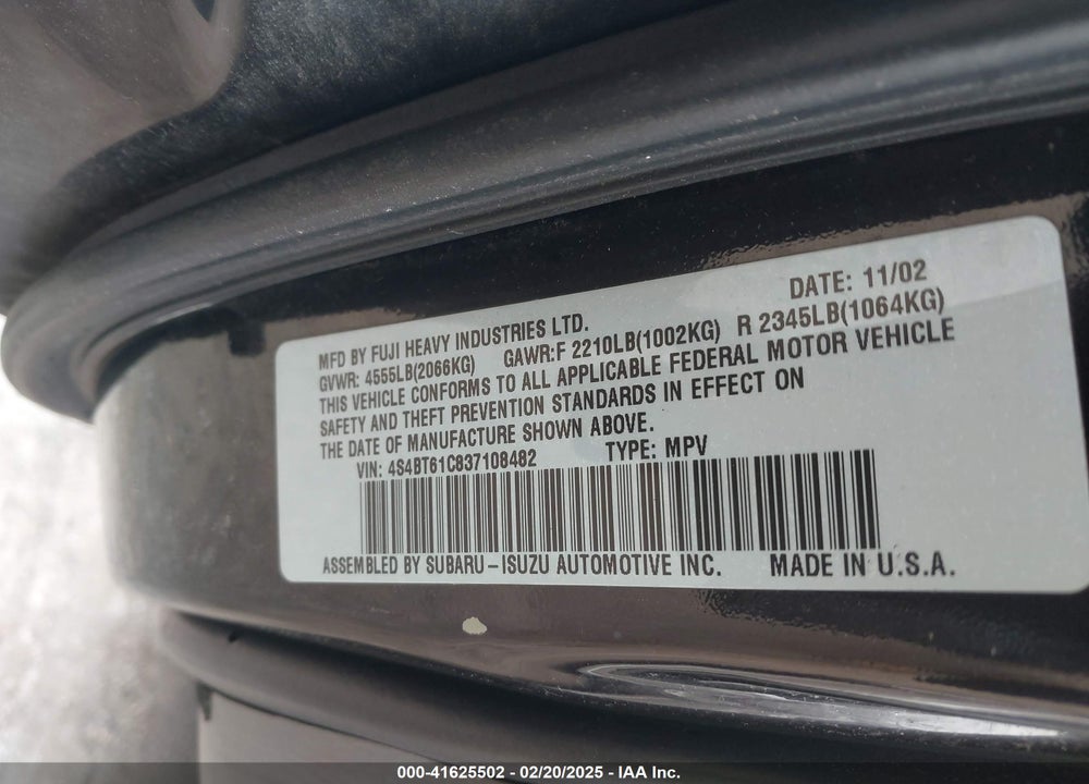 2003 SUBARU BAJA VIN: 4S4BT61C837108482