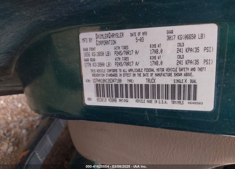 2003 DODGE RAM 1500 VIN: 1D7HA18N13S347180