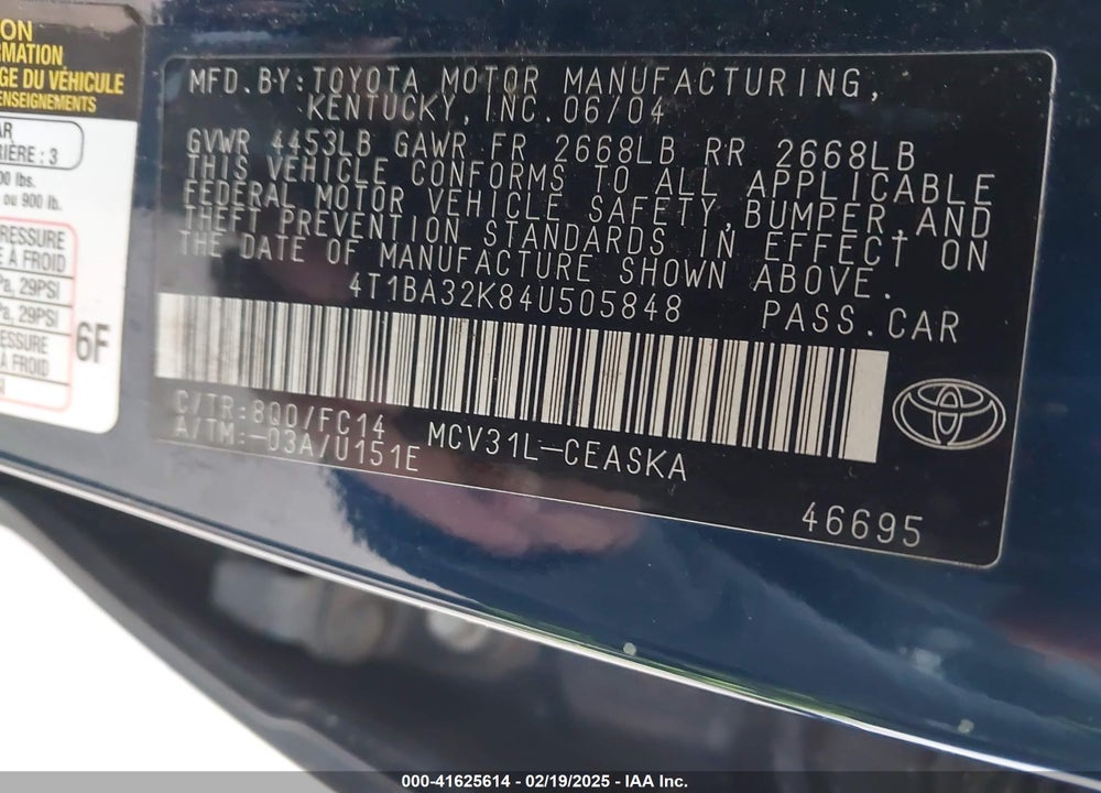 2004 TOYOTA CAMRY SE V6 VIN: 4T1BA32K84U505848