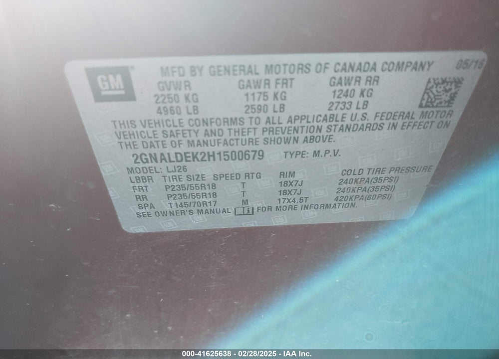 2017 CHEVROLET EQUINOX VIN: 2GNALDEK2H1500679