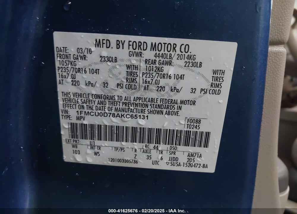 2010 FORD ESCAPE XLT VIN: 1FMCU0D78AKC65131