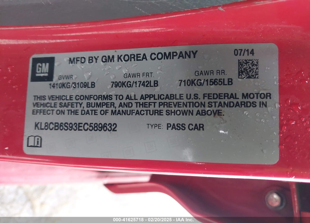 2014 CHEVROLET SPARK VIN: KL8CB6S93EC589632