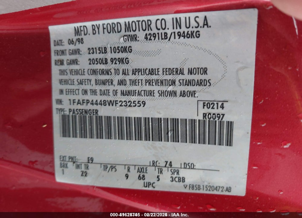 1998 FORD MUSTANG VIN: 1FAFP4448WF232559