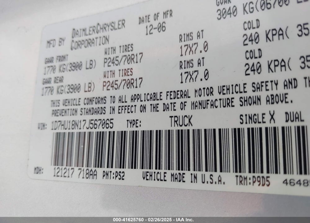 2007 DODGE RAM 1500 ST VIN: 1D7HU18N17J567065