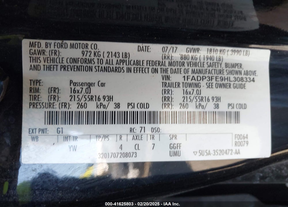 2017 FORD FOCUS VIN: 1FADP3FE9HL308334