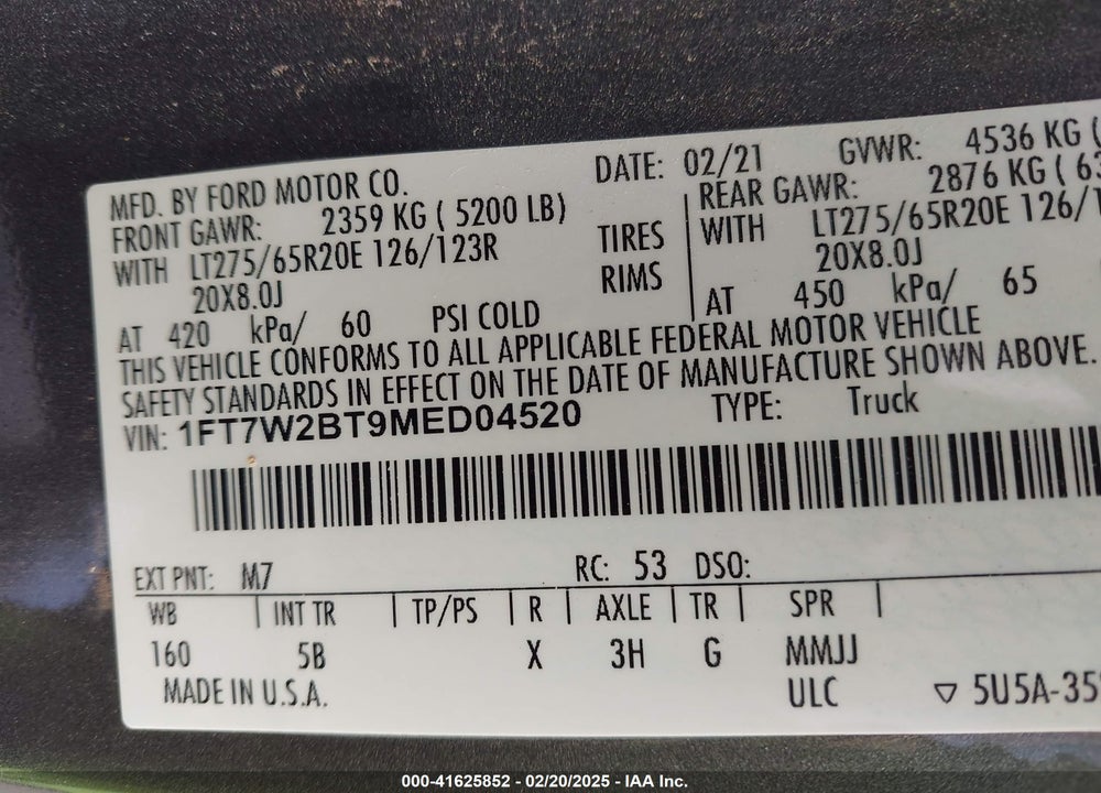 2021 FORD F-250 LARIAT VIN: 1FT7W2BT9MED04520