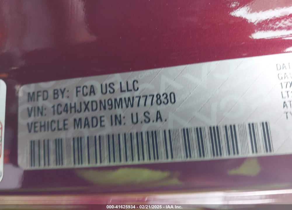 2021 JEEP WRANGLER UNLIMITED WILLYS 4X4 VIN: 1C4HJXDN9MW777830