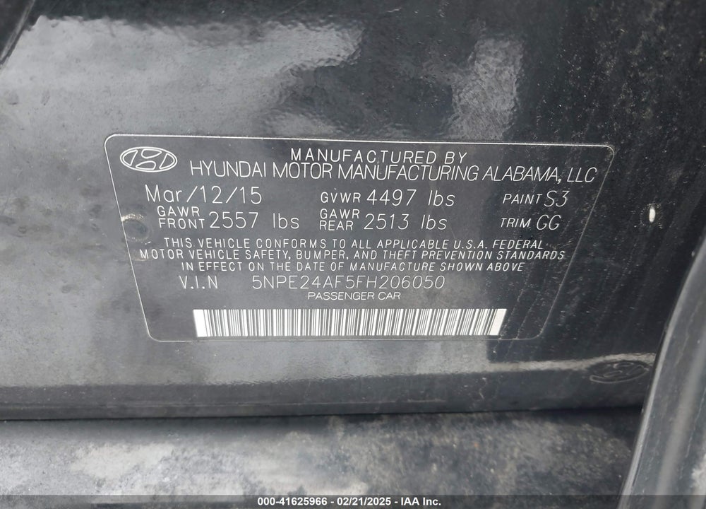 2015 HYUNDAI SONATA VIN: 5NPE24AF5FH206050