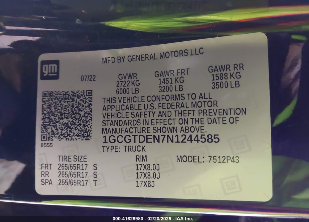 2022 CHEVROLET COLORADO VIN: 1GCGTDEN7N1244585
