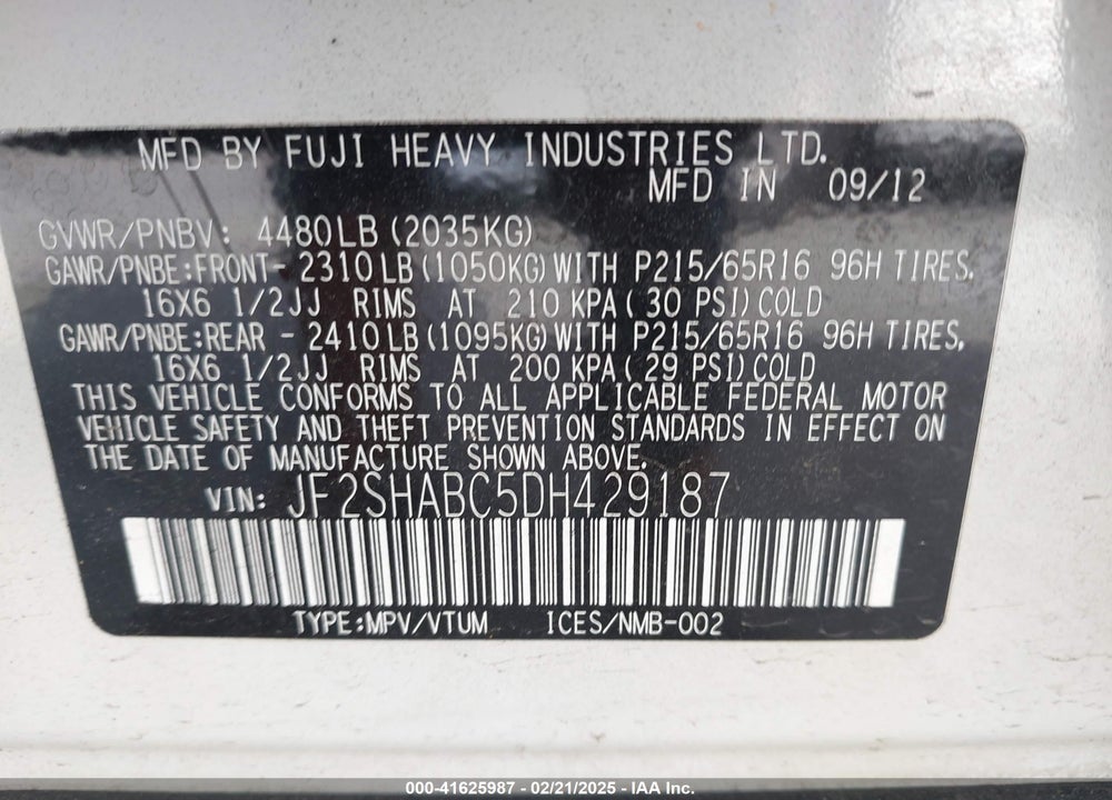 2013 SUBARU FORESTER VIN: JF2SHABC5DH429187