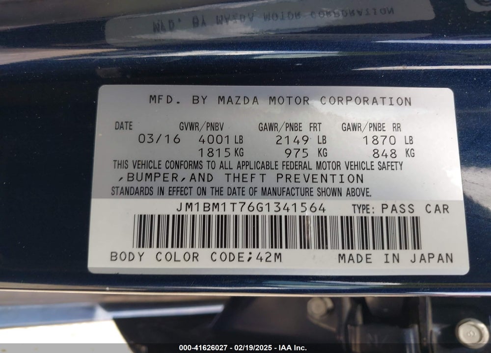 2016 MAZDA MAZDA3 VIN: JM1BM1T76G1341564