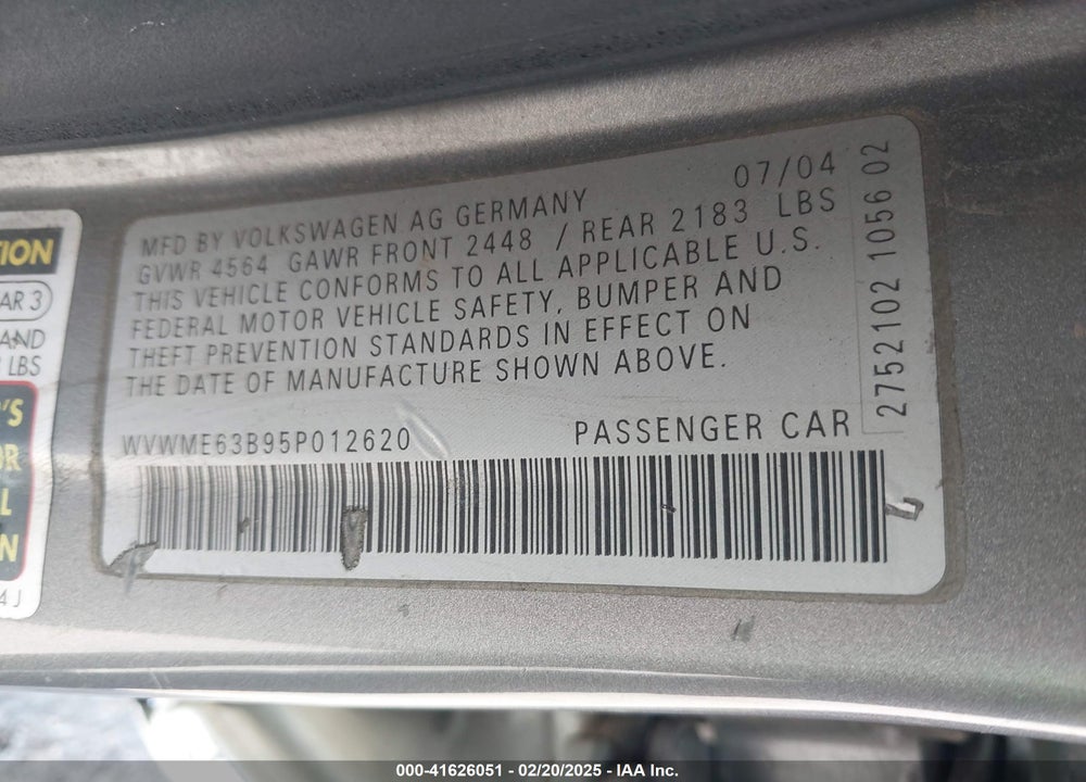 2005 VOLKSWAGEN PASSAT GL TDI VIN: WVWME63B95P012620