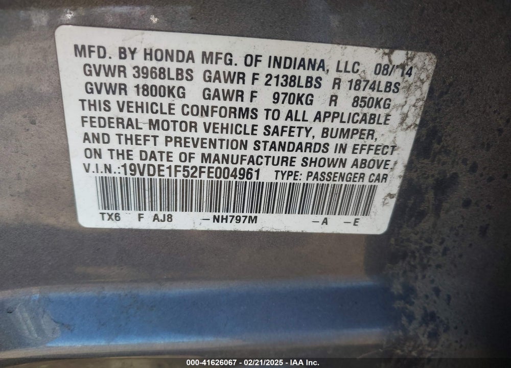 2015 ACURA ILX 2.0L VIN: 19VDE1F52FE004961