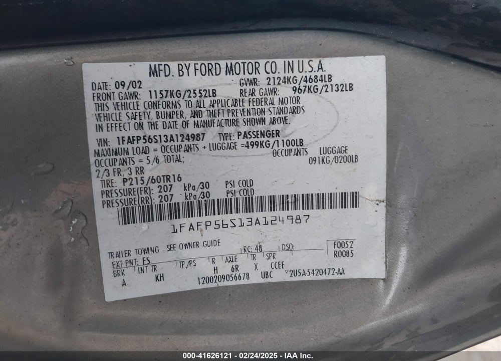 2003 FORD TAURUS SEL VIN: 1FAFP56S13A124987