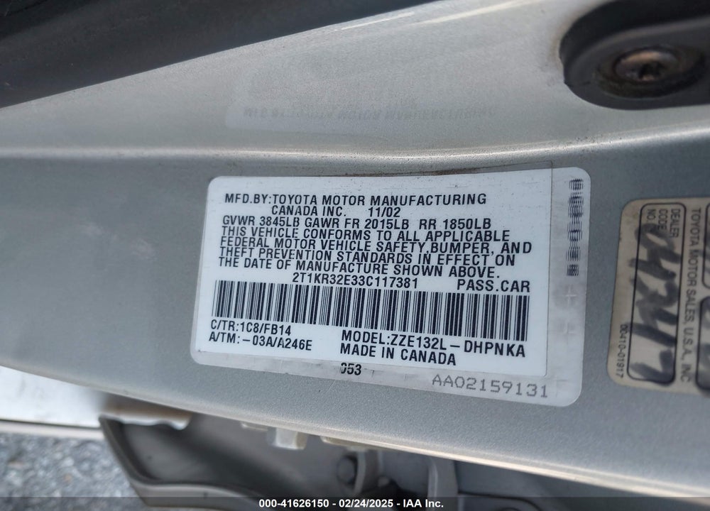 2003 TOYOTA MATRIX/XR VIN: 2T1KR32E33C117381