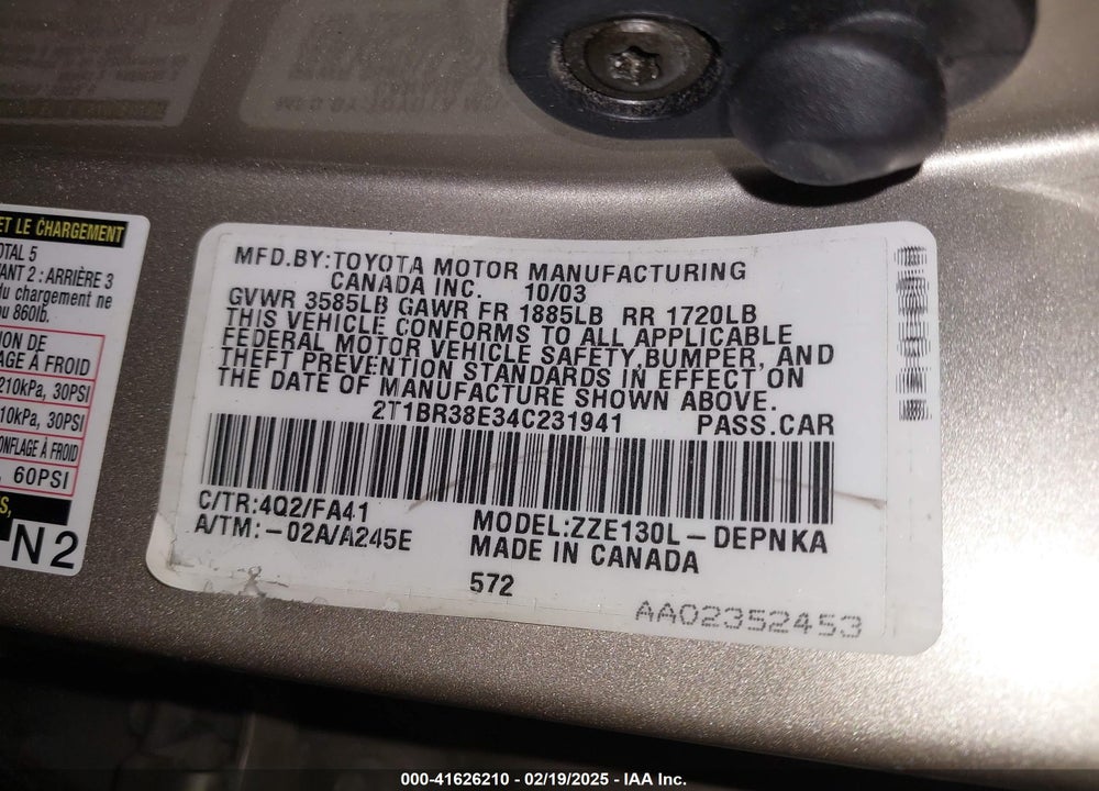 2004 TOYOTA COROLLA LE VIN: 2T1BR38E34C231941