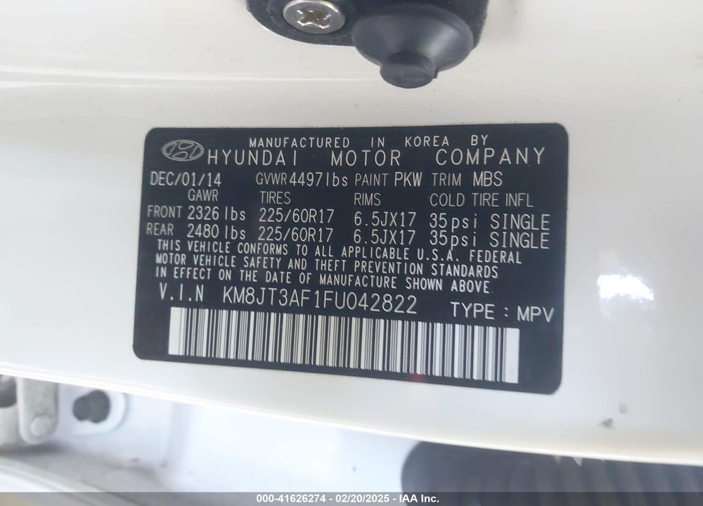 2015 HYUNDAI TUCSON GLS VIN: KM8JT3AF1FU042822