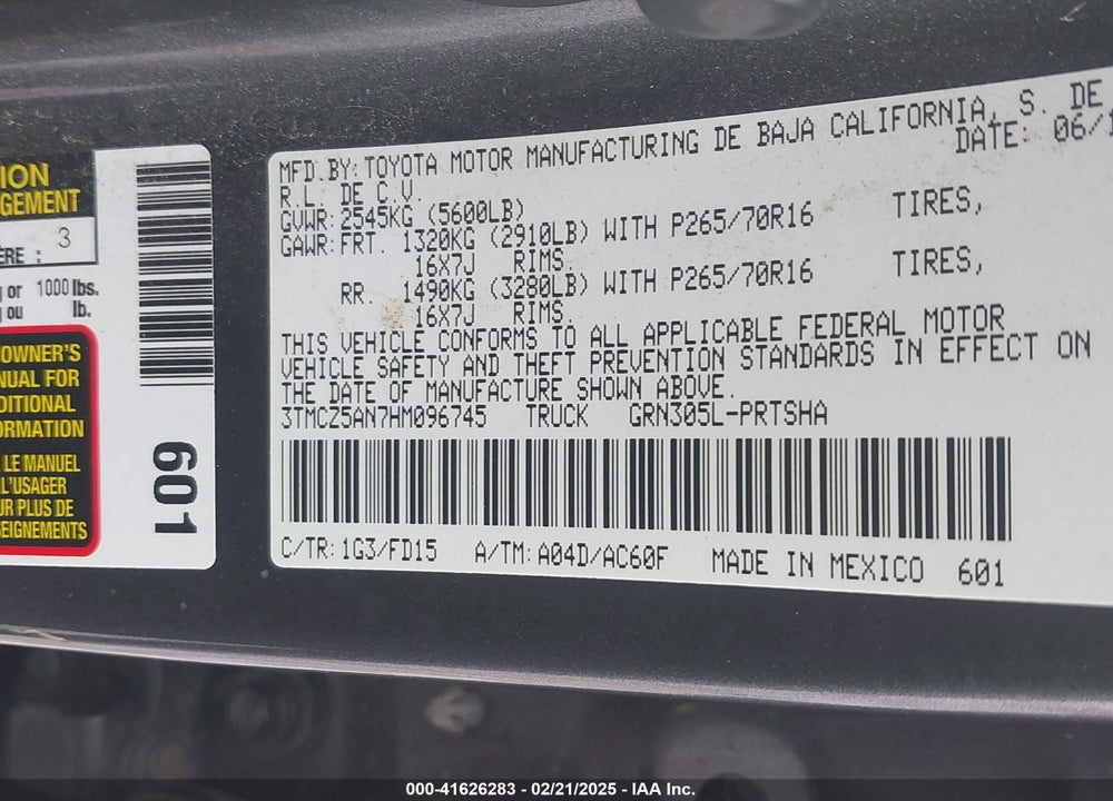2017 TOYOTA TACOMA VIN: 3TMCZ5AN7HM096745