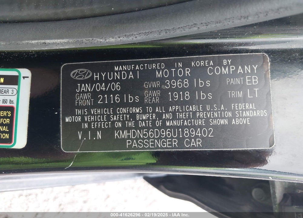 2006 HYUNDAI ELANTRA VIN: KMHDN56D96U189402