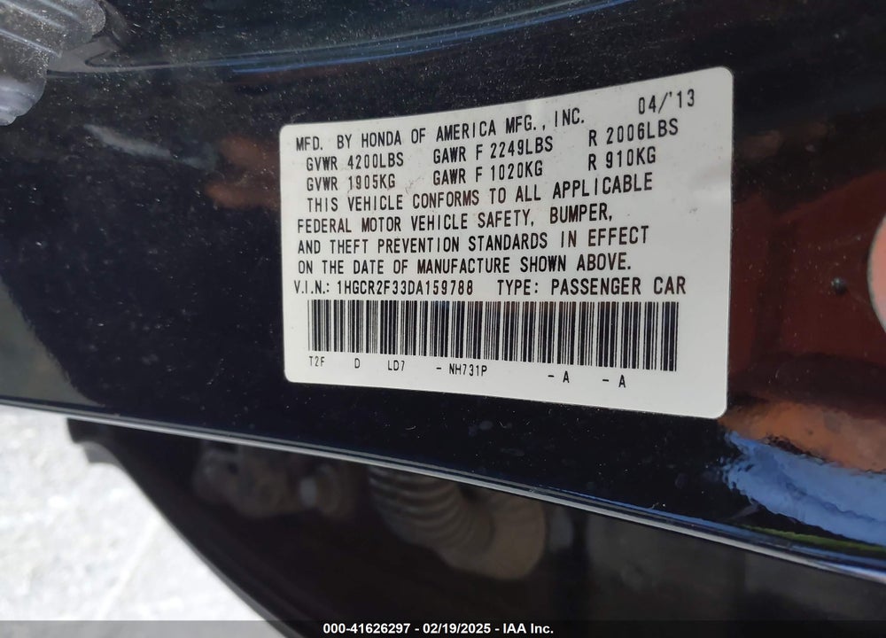 2013 HONDA ACCORD VIN: 1HGCR2F33DA159788