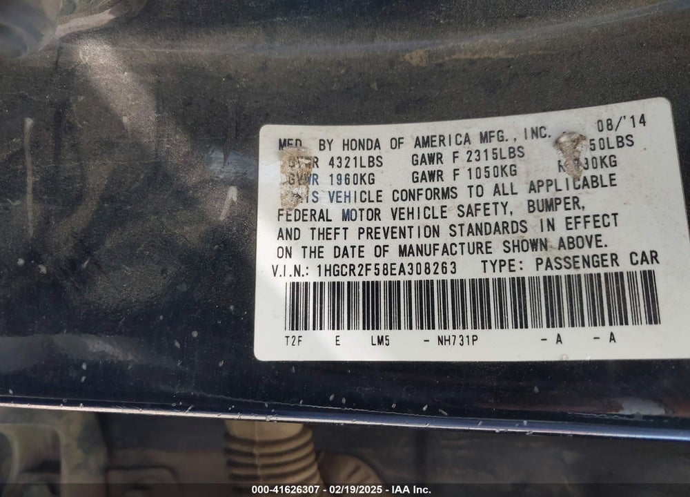 2014 HONDA ACCORD VIN: 1HGCR2F58EA308263