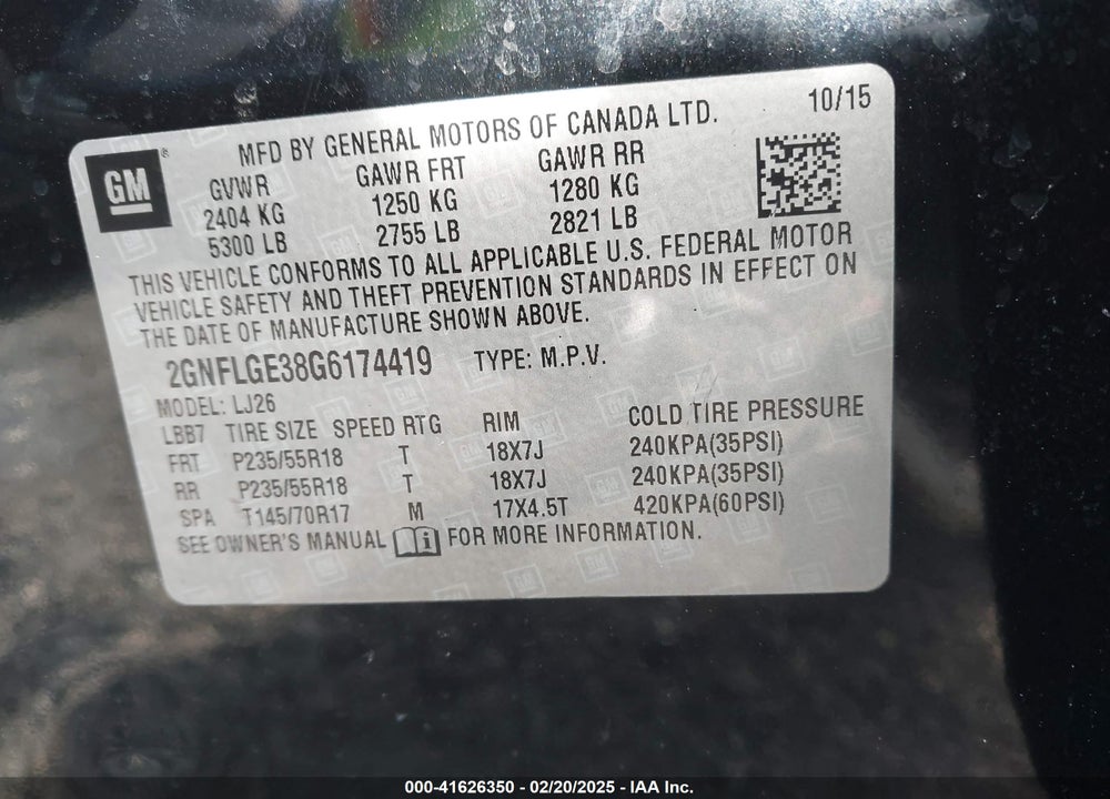 2016 CHEVROLET EQUINOX LTZ VIN: 2GNFLGE38G6174419