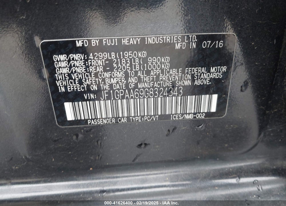 2016 SUBARU IMPREZA VIN: JF1GPAA69G8324343