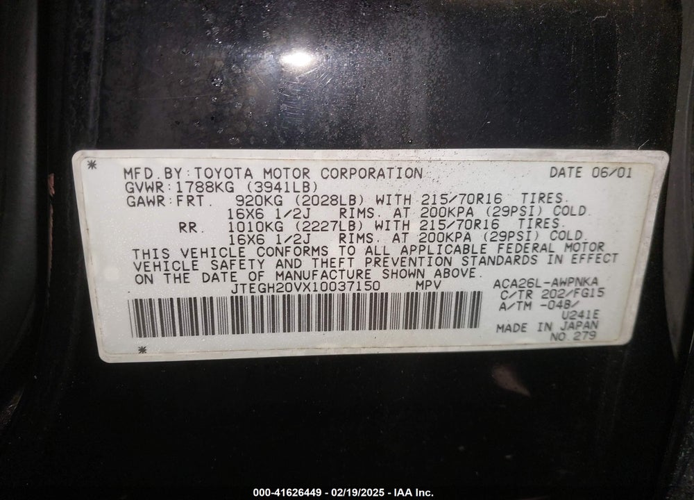 2001 TOYOTA RAV4 VIN: JTEGH20VX10037150