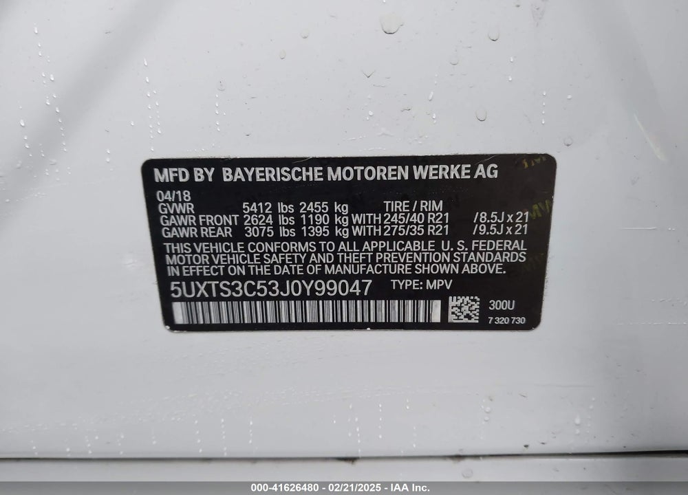 2018 BMW X3 M40I VIN: 5UXTS3C53J0Y99047