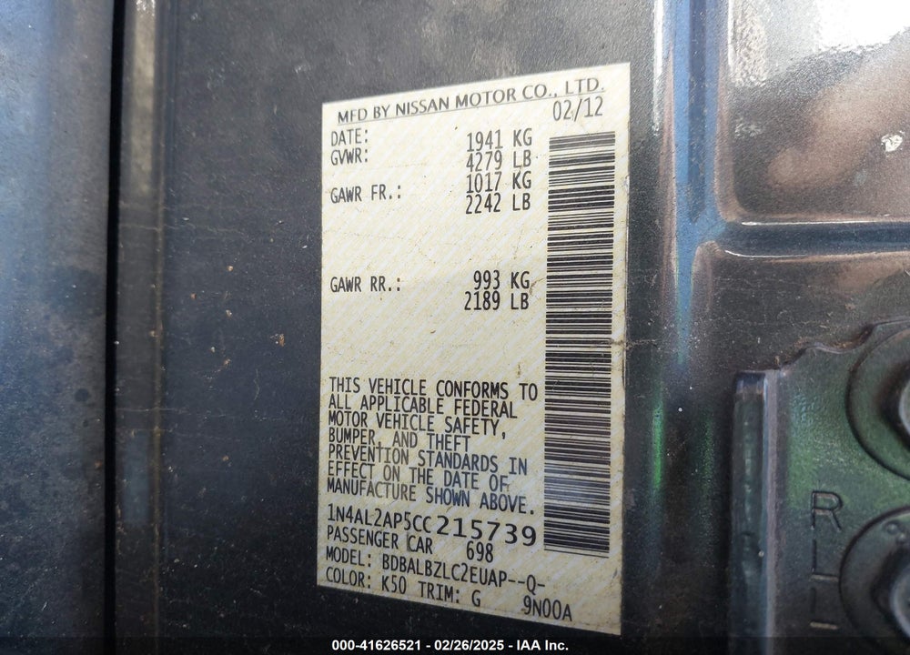 2012 NISSAN ALTIMA 2.5 S VIN: 1N4AL2AP5CC215739