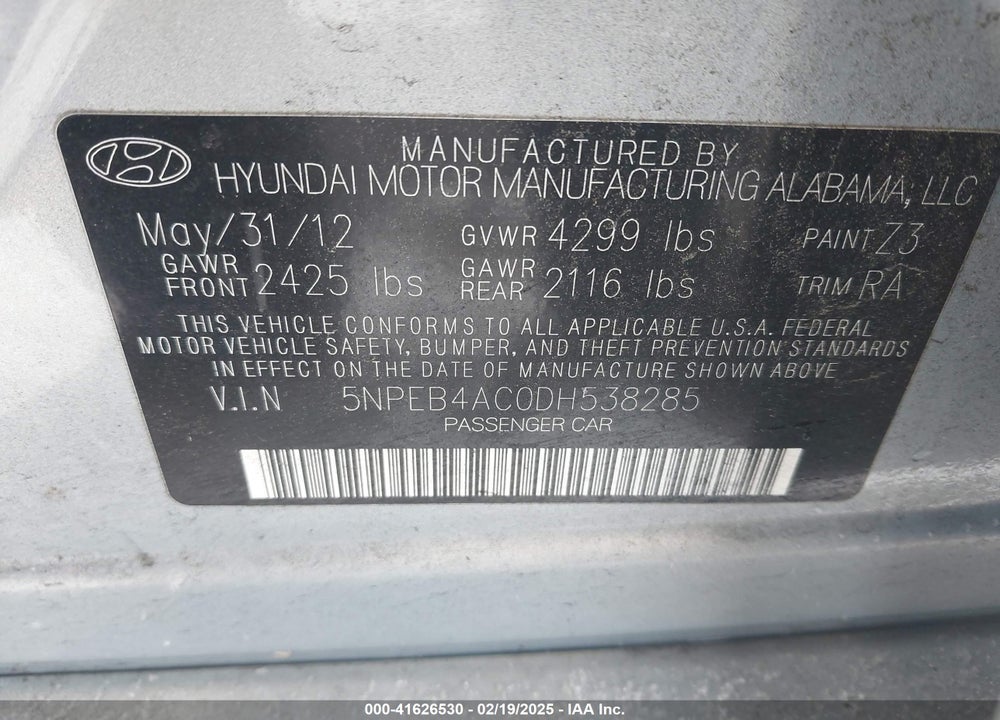 2013 HYUNDAI SONATA VIN: 5NPEB4AC0DH538285
