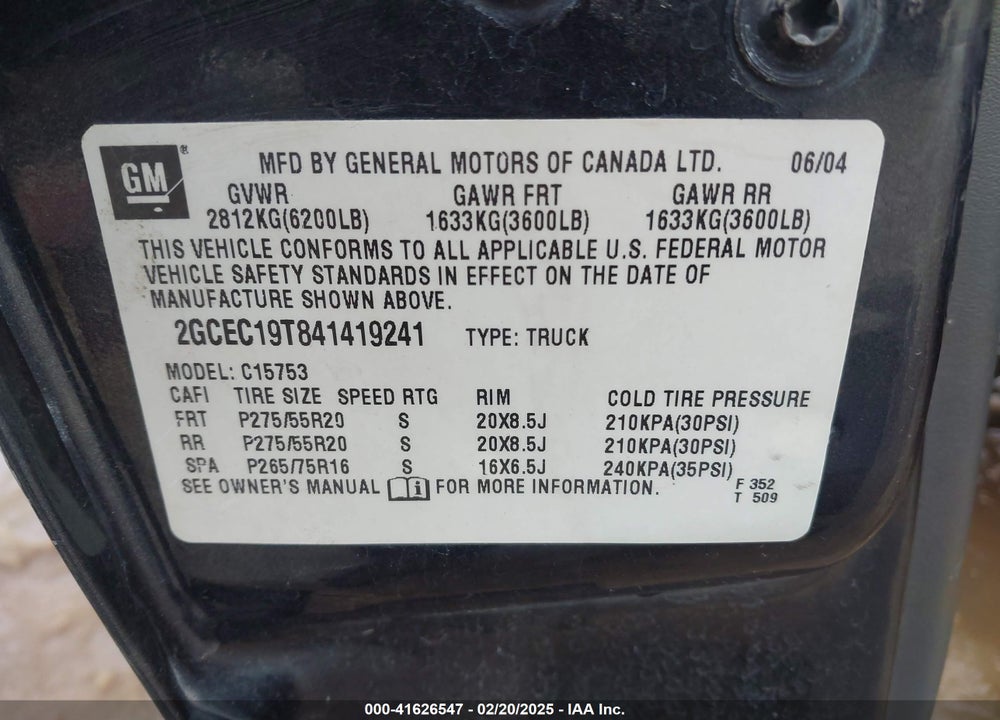 2004 CHEVROLET SILVERADO 1500 LS VIN: 2GCEC19T841419241