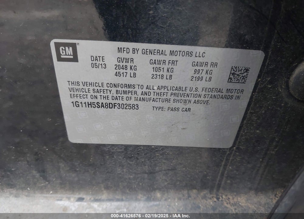 2013 CHEVROLET MALIBU VIN: 1G11H5SA8DF302583