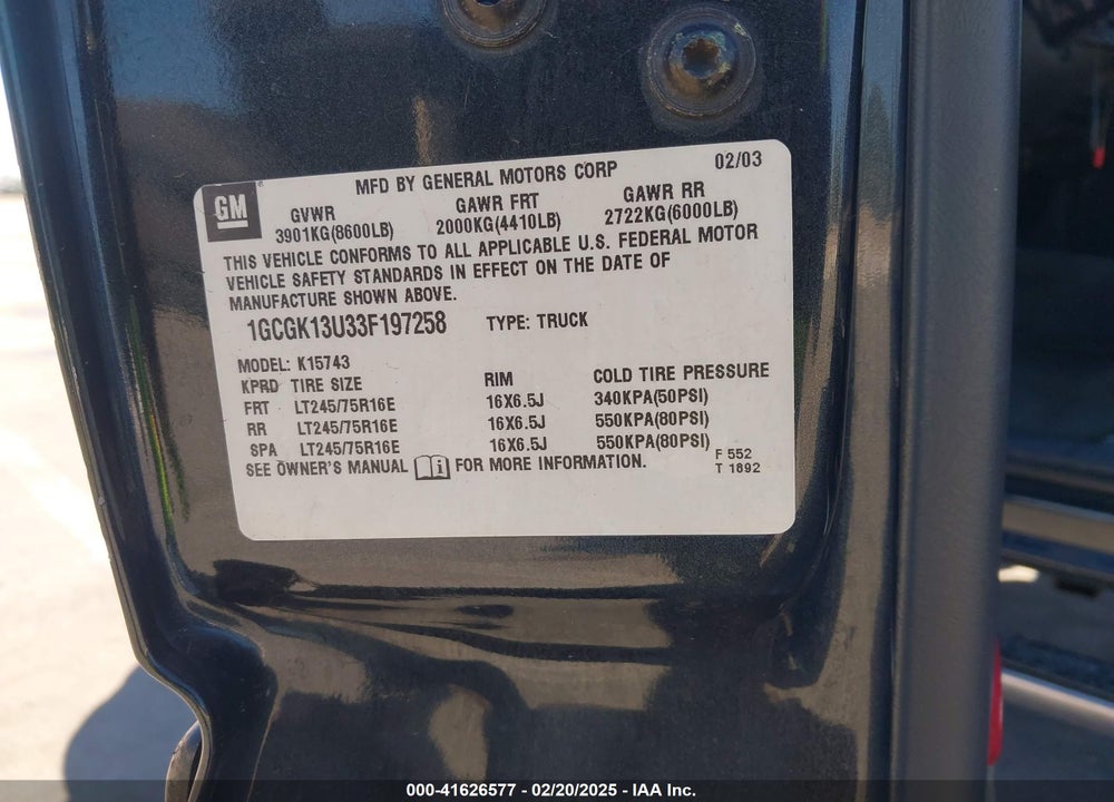 2003 CHEVROLET SILVERADO 1500HD LS VIN: 1GCGK13U33F197258