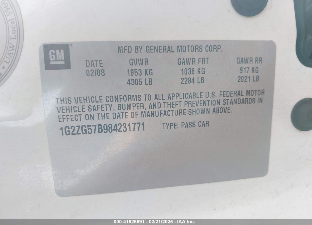 2008 PONTIAC G6 VIN: 1G2ZG57B984231771